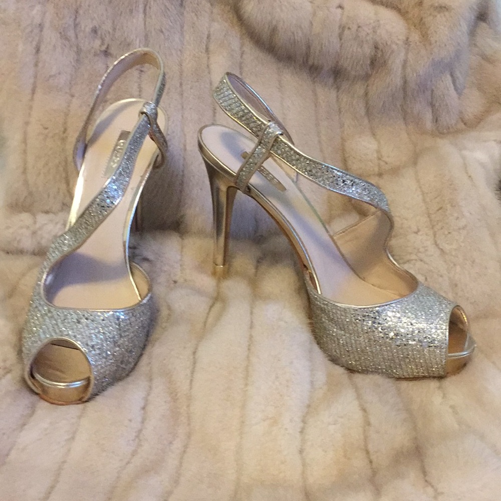 Gold Guess open toe 5 inch heels